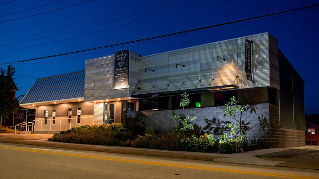Overall exterior at dusk